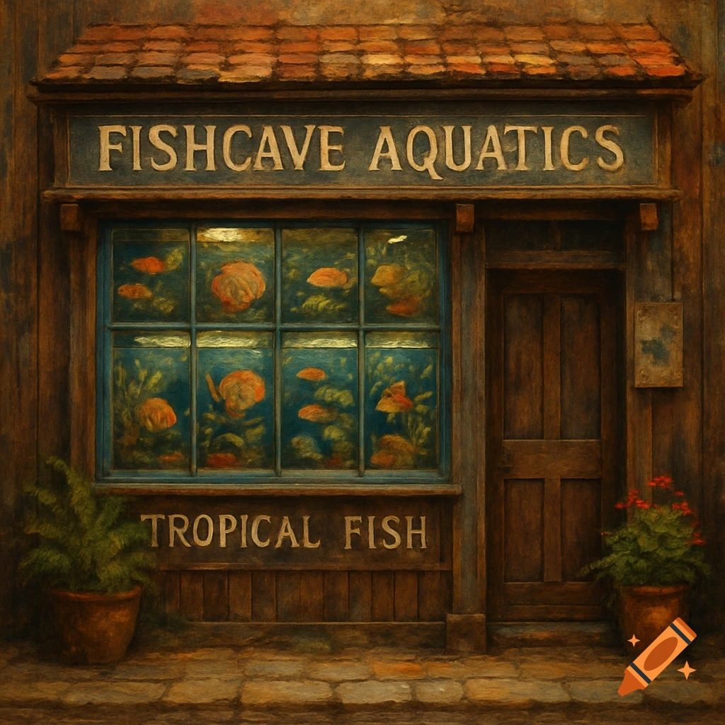 Rustic fish shop facade with window displaying tropical fish.