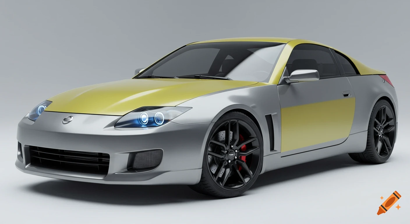 Low angle view of a futuristic silver and yellow concept coupe car with detailed headlights and dark alloy wheels under studio lighting.