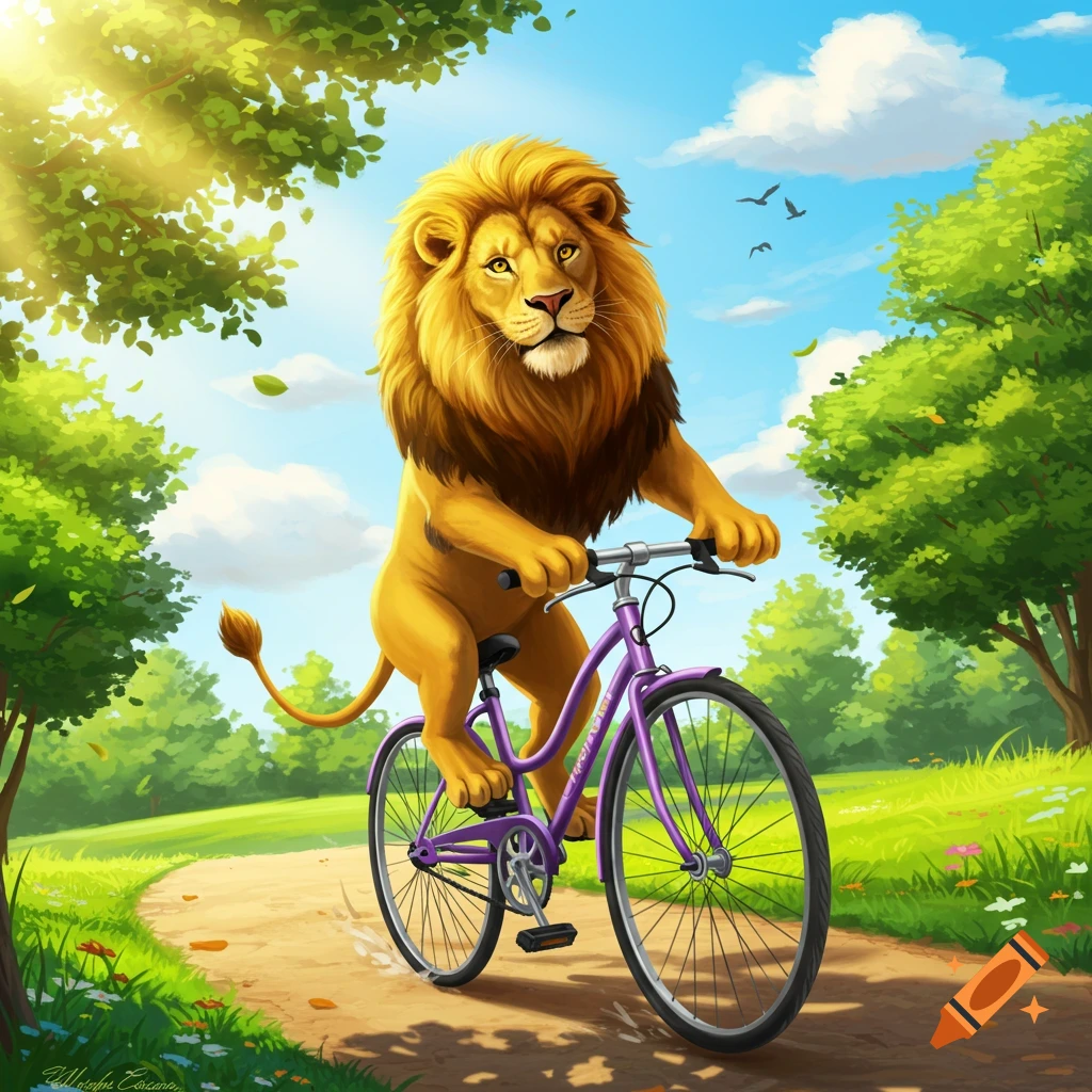 A cartoon lion rides a purple bicycle on a sunny park path.