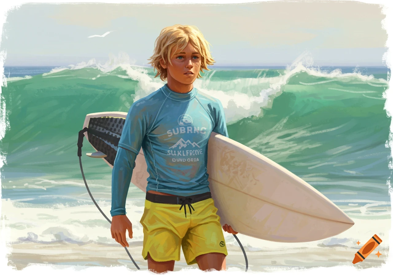 Illustration of a young surfer holding a board on a beach with waves.