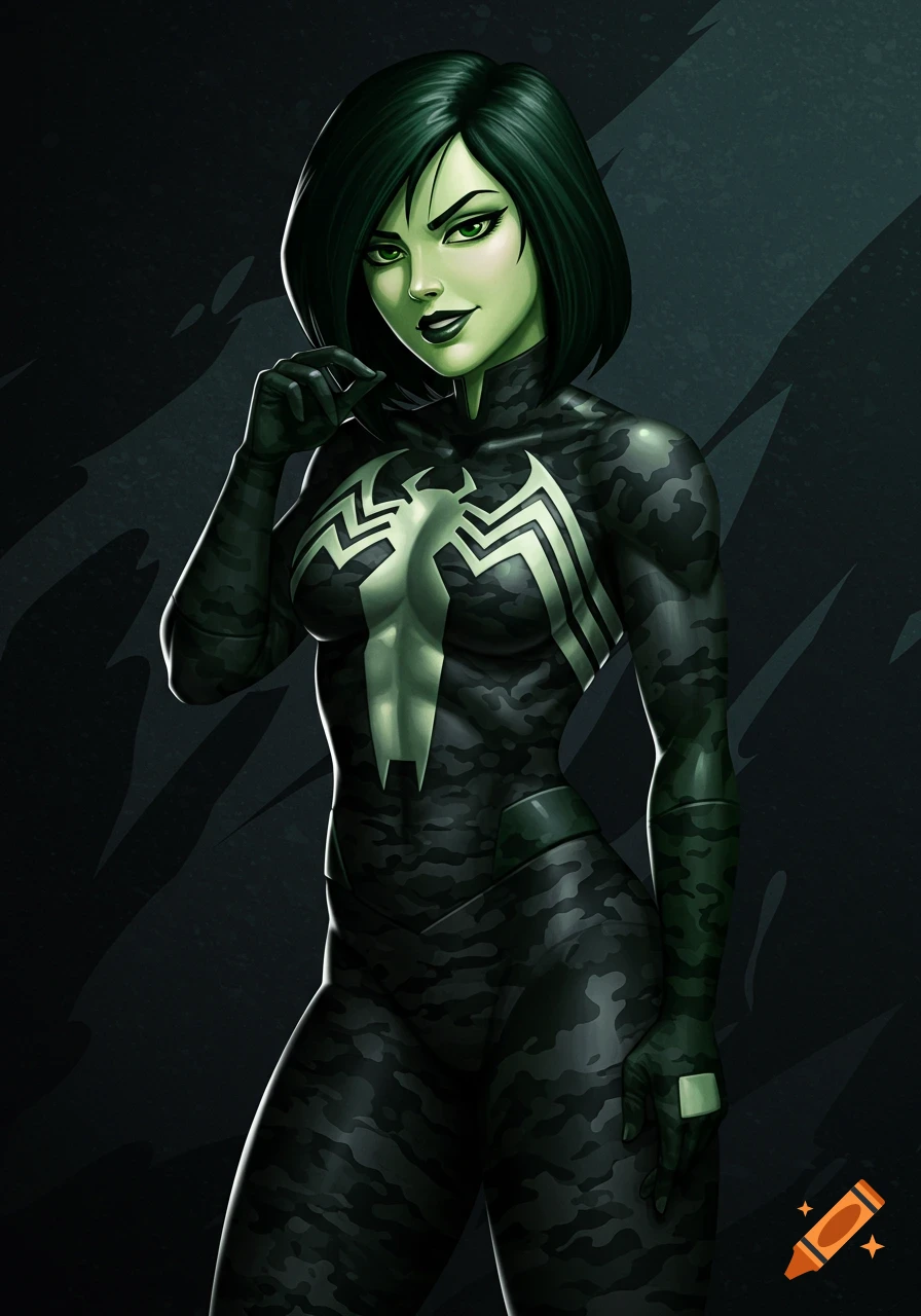 Illustration of a woman with green skin and black hair wearing a black camo suit with a white spider symbol.