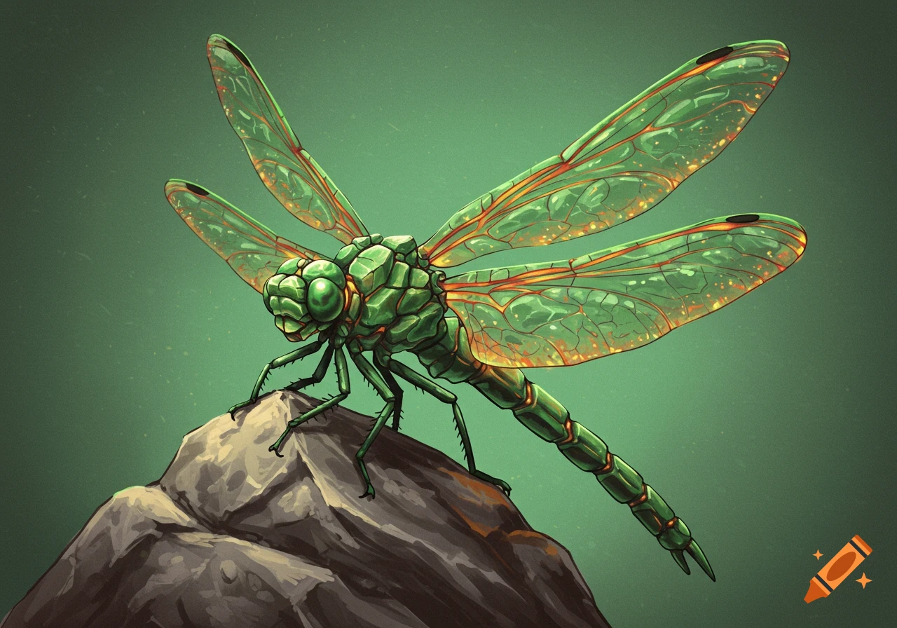 A stylized green dragonfly with translucent wings rests on a rock ...