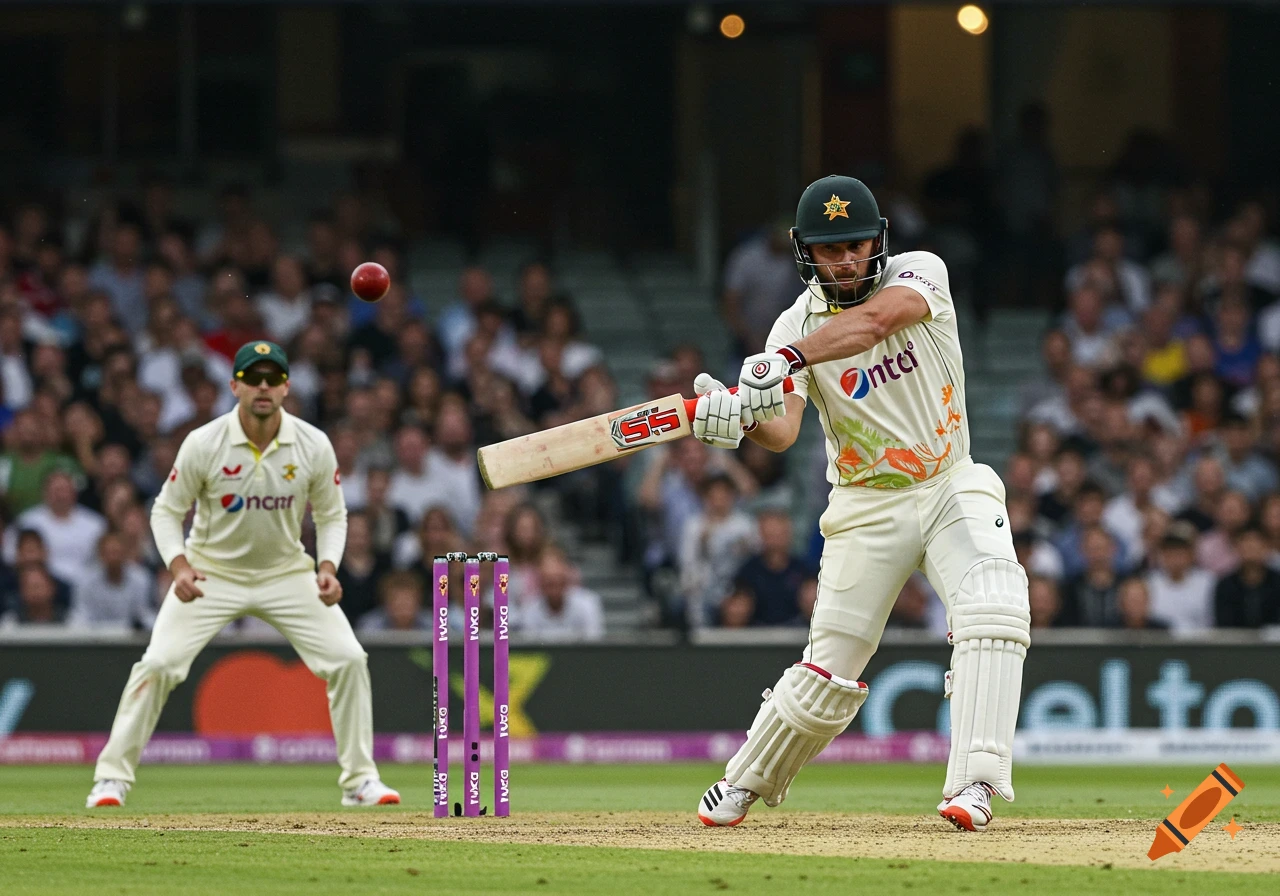 Photorealistic image of a batsman hitting a cricket ball during a match, with a wicketkeeper behind the stumps.