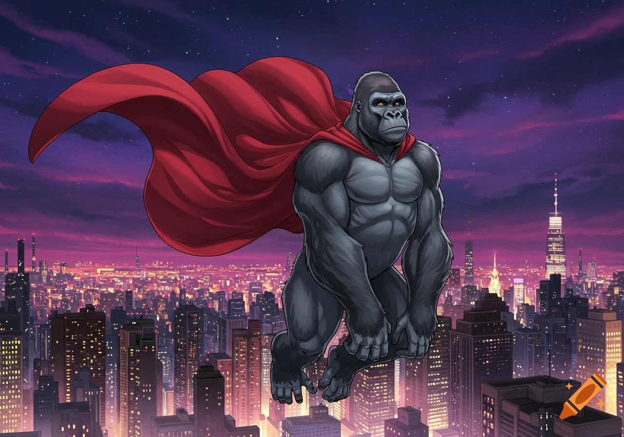 Muscular gorilla superhero in a red cape floats above a twilight city, illustration