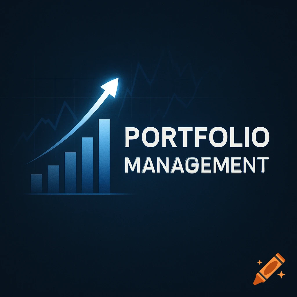Bar chart with upward arrow and text 'Portfolio Management' on dark blue background.