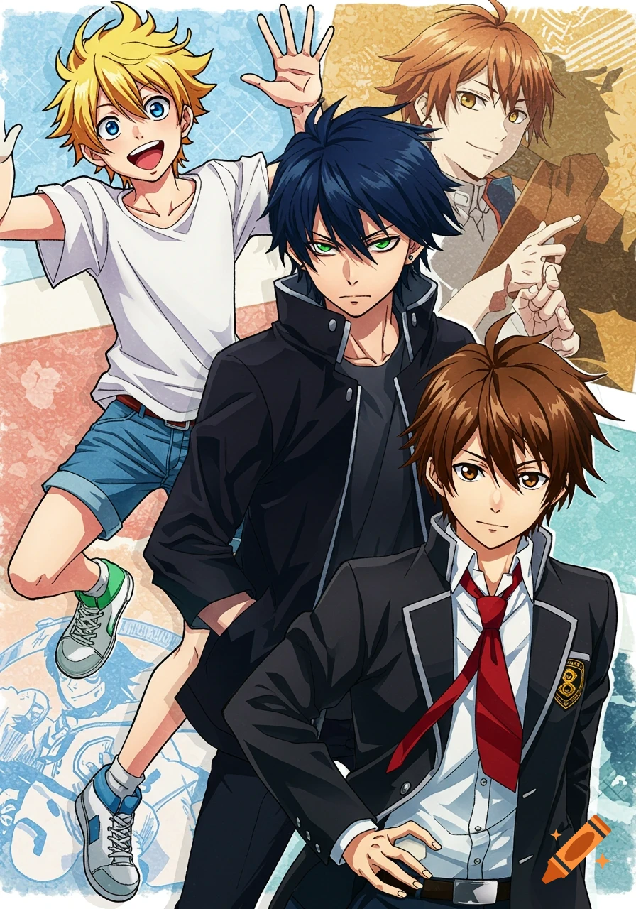 Four anime boys posing in different outfits.