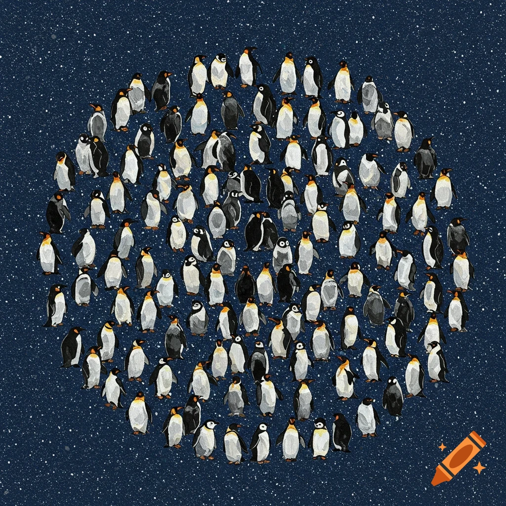 Numerous penguins arranged in a circular pattern on a dark, starry background.