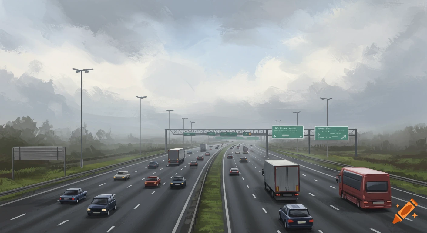 A highway with cars and trucks under a cloudy sky in a painterly style.