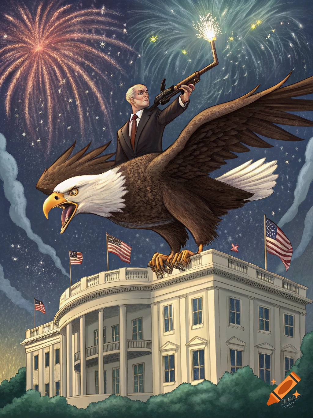 Woodrow Wilson rides a bald eagle over the White House with fireworks, shooting a gun