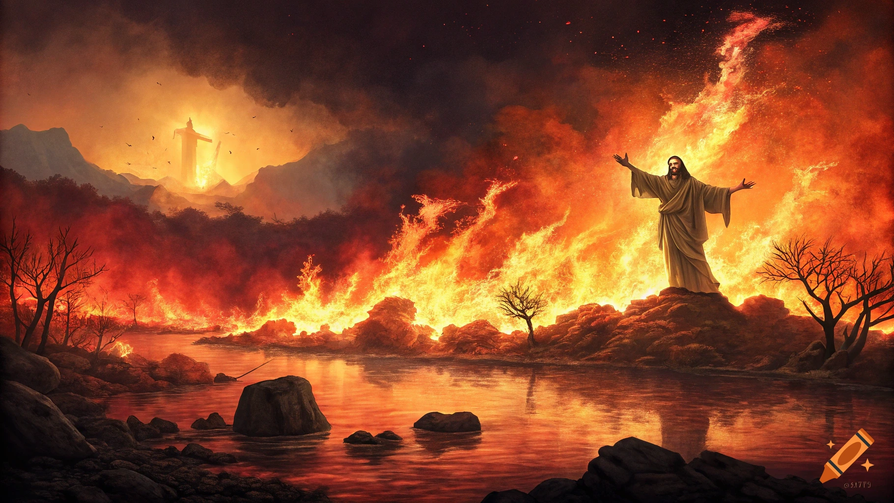 Jesus stands amidst a fiery apocalyptic landscape with a lake of fire.