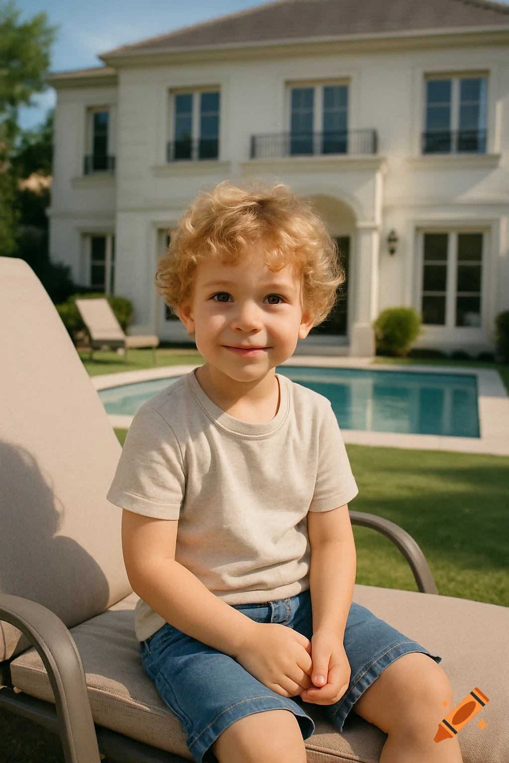 A young boy sits on a lounge chair beside a pool with a large house in the background.