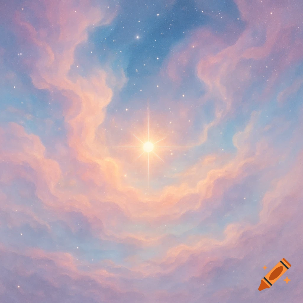 Pastel pink and blue clouds in a starry sky with a bright star