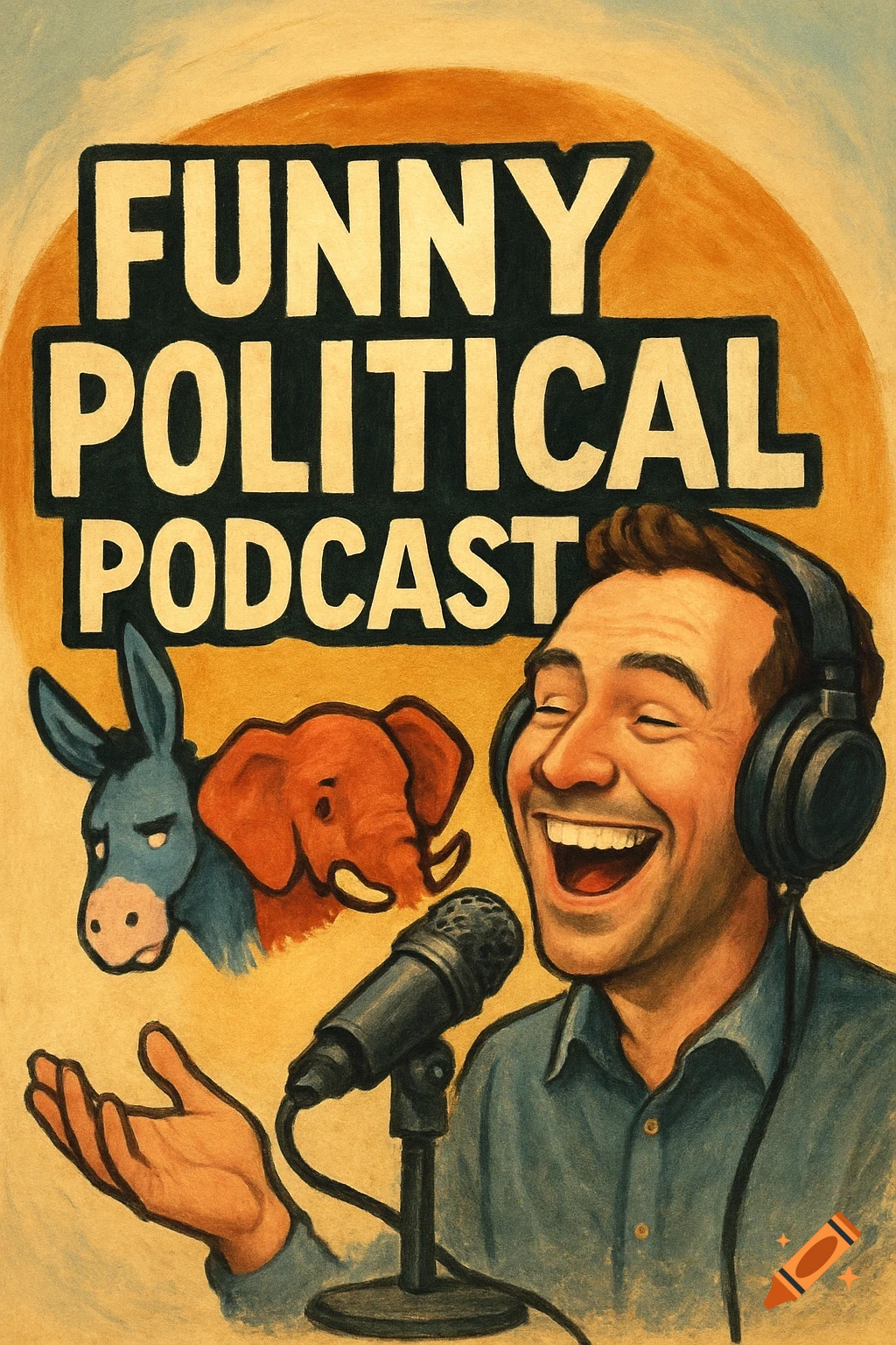 Illustration of a man laughing into a microphone wearing headphones, next to a donkey and elephant head. Text reads "Funny Political Podcast".