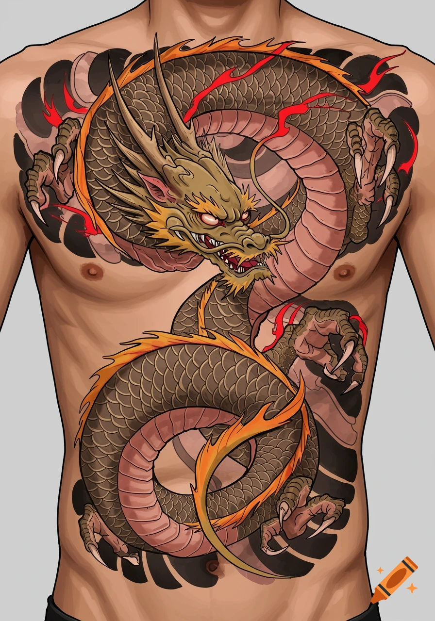 A large, colorful Japanese-style dragon tattoo covers a man's torso.
