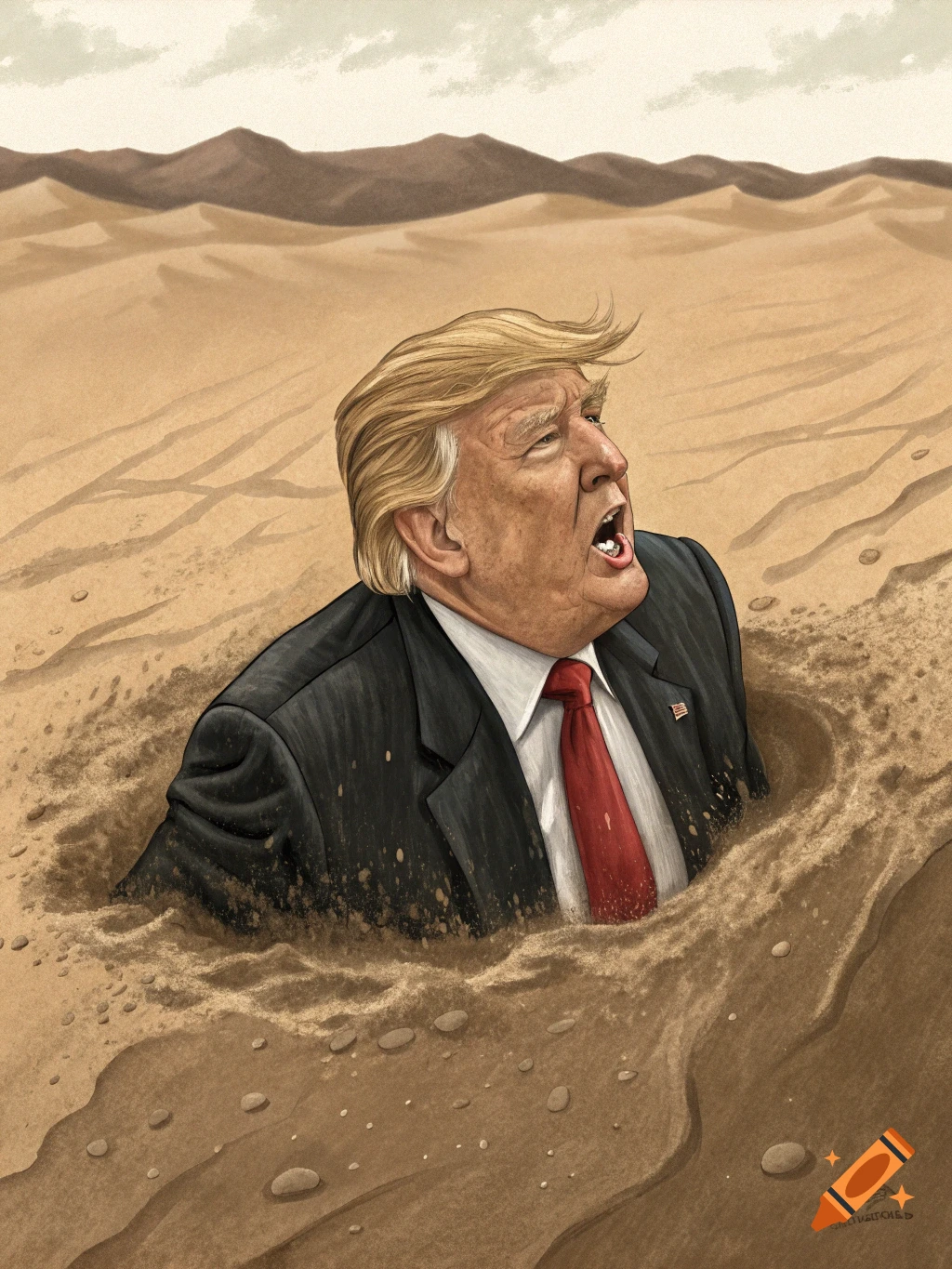 Illustration of Donald Trump sinking in sand in a desert