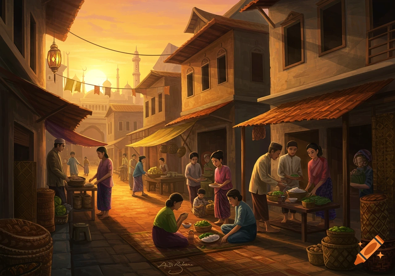Illustration of a bustling marketplace at sunrise/sunset, with people eating and selling food.