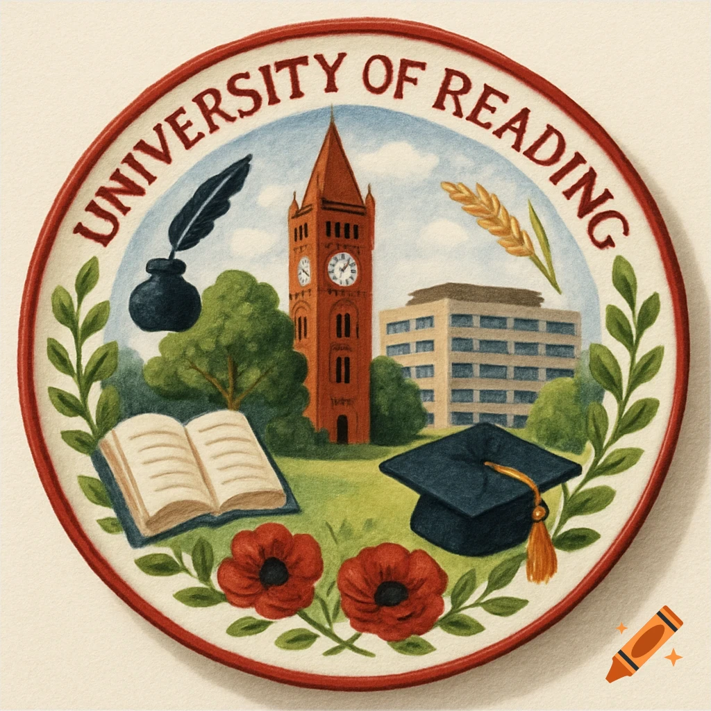 Illustration of a circular university seal with clock tower, book, graduation cap, and text 'UNIVERSITY OF READING'.