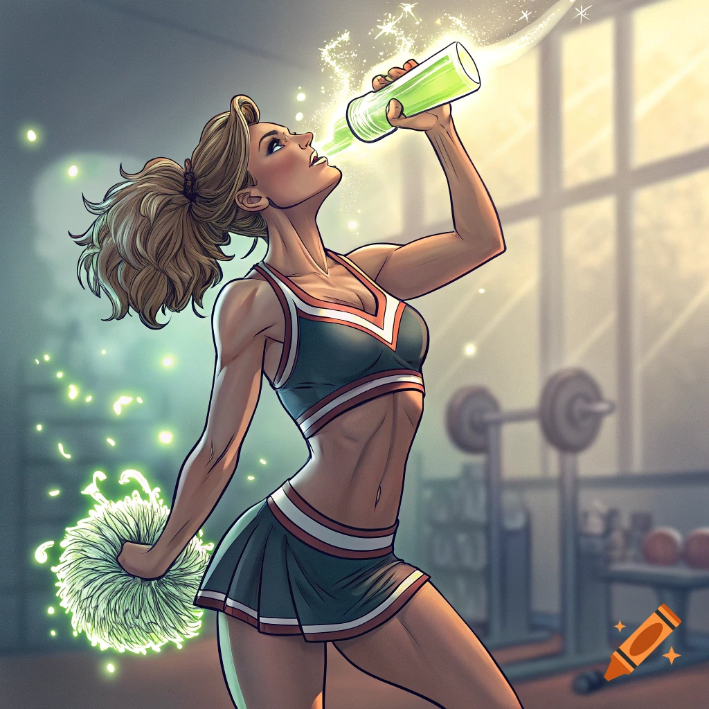 Muscular cheerleader in a gym drinks a glowing green liquid from a bottle.