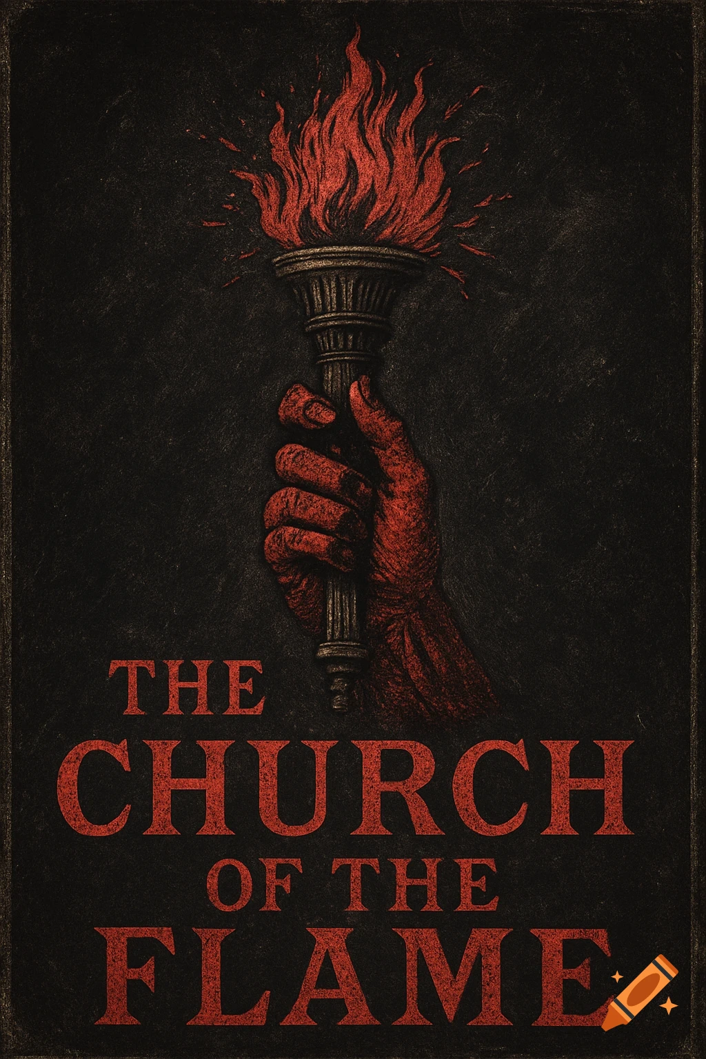 A dark etching of a red hand holding a burning torch with the text 'THE CHURCH OF THE FLAME' below.