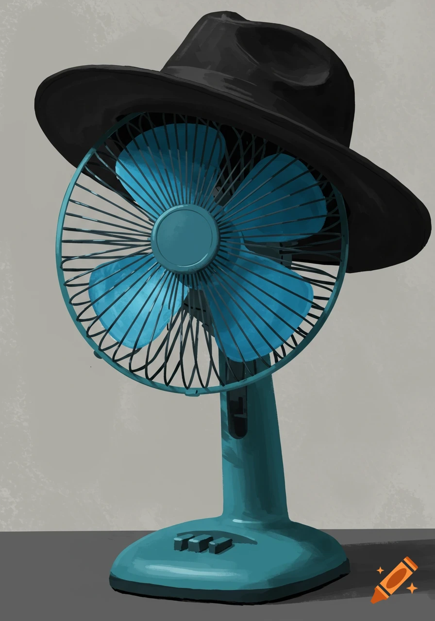 A blue desktop fan wearing a black hat.