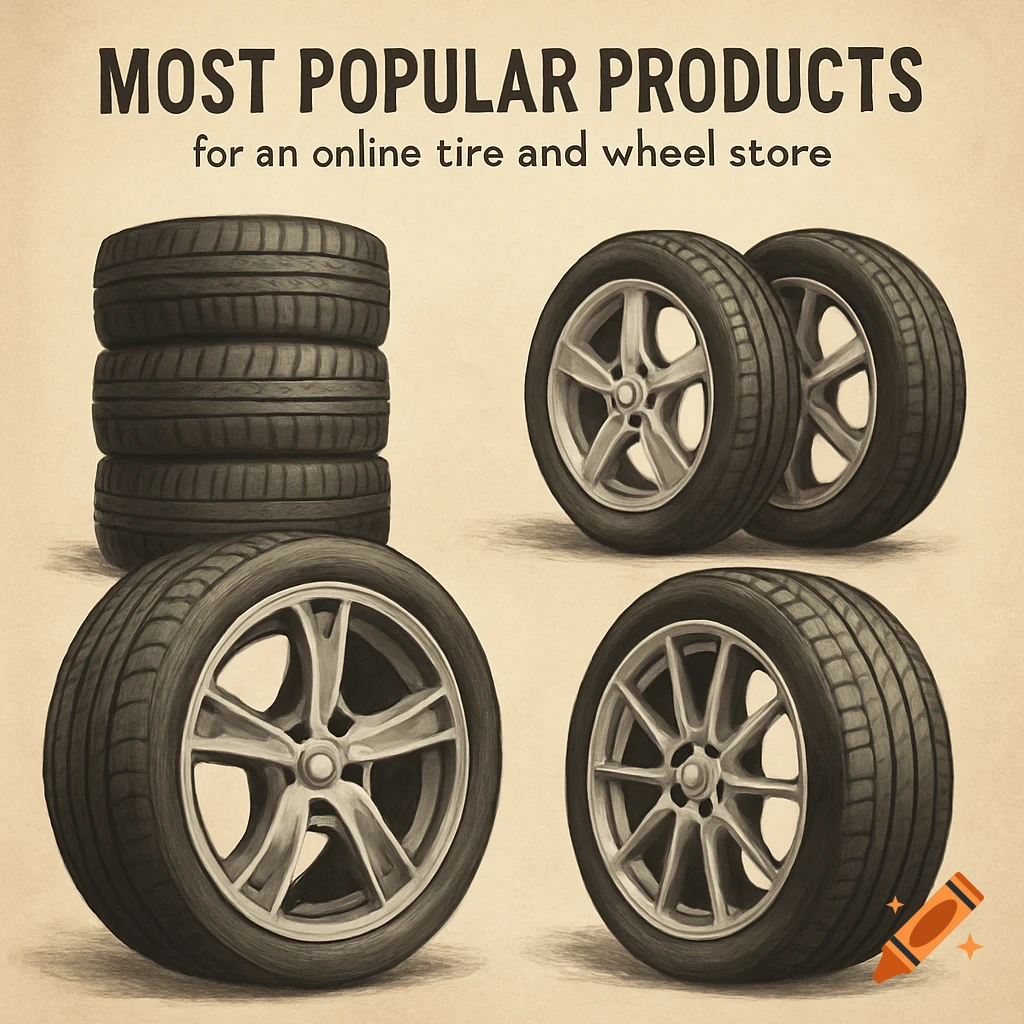 A stack of four tires, a pair of tires and wheels, and two single tires and wheels, drawn in a sketch style. Text at the top reads "MOST POPULAR PRODUCTS for an online tire and wheel store".