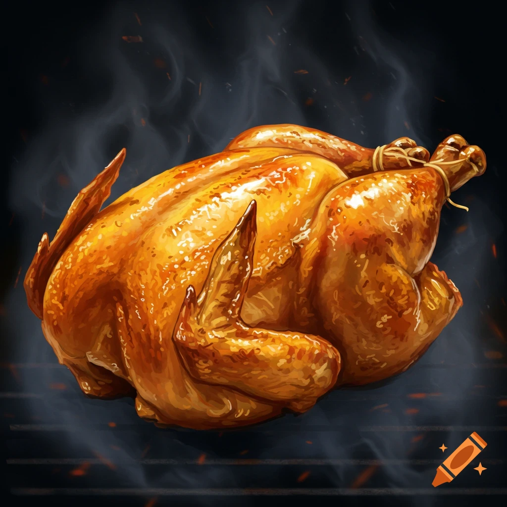 A golden roasted chicken cooking on a grill with smoke.