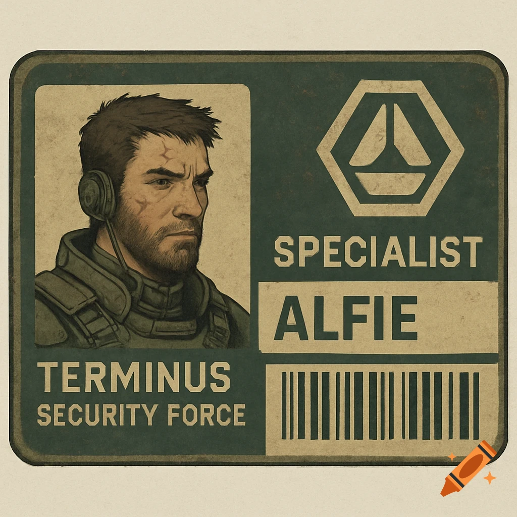 Illustration of an ID card for Specialist Alfie from Terminus Security Force