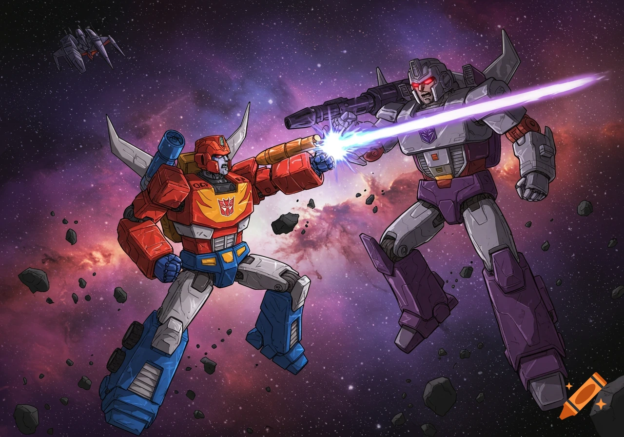 Rodimus Prime battles Galvatron in space, animated style.