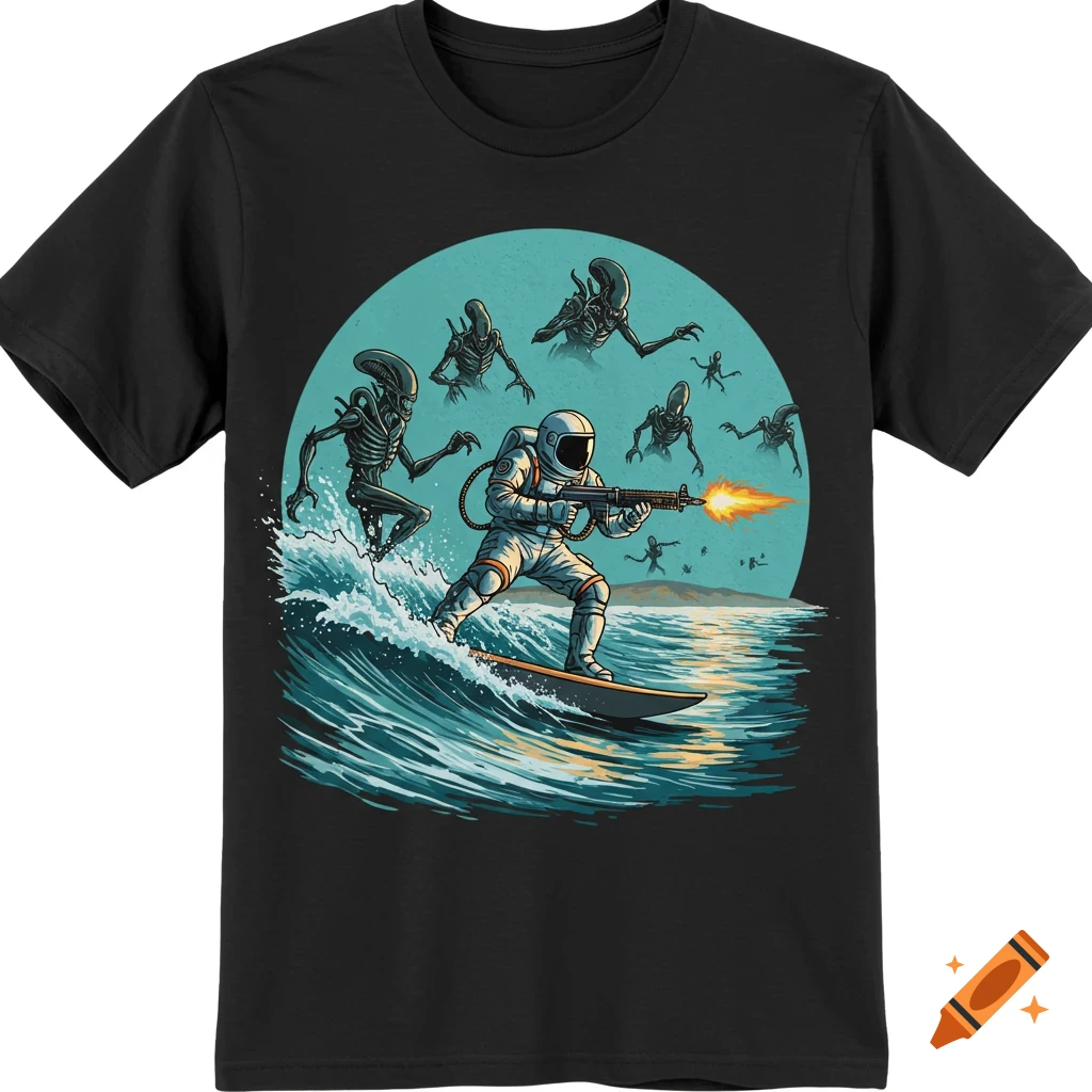 Illustration of an astronaut surfing a wave while shooting aliens with a machine gun.