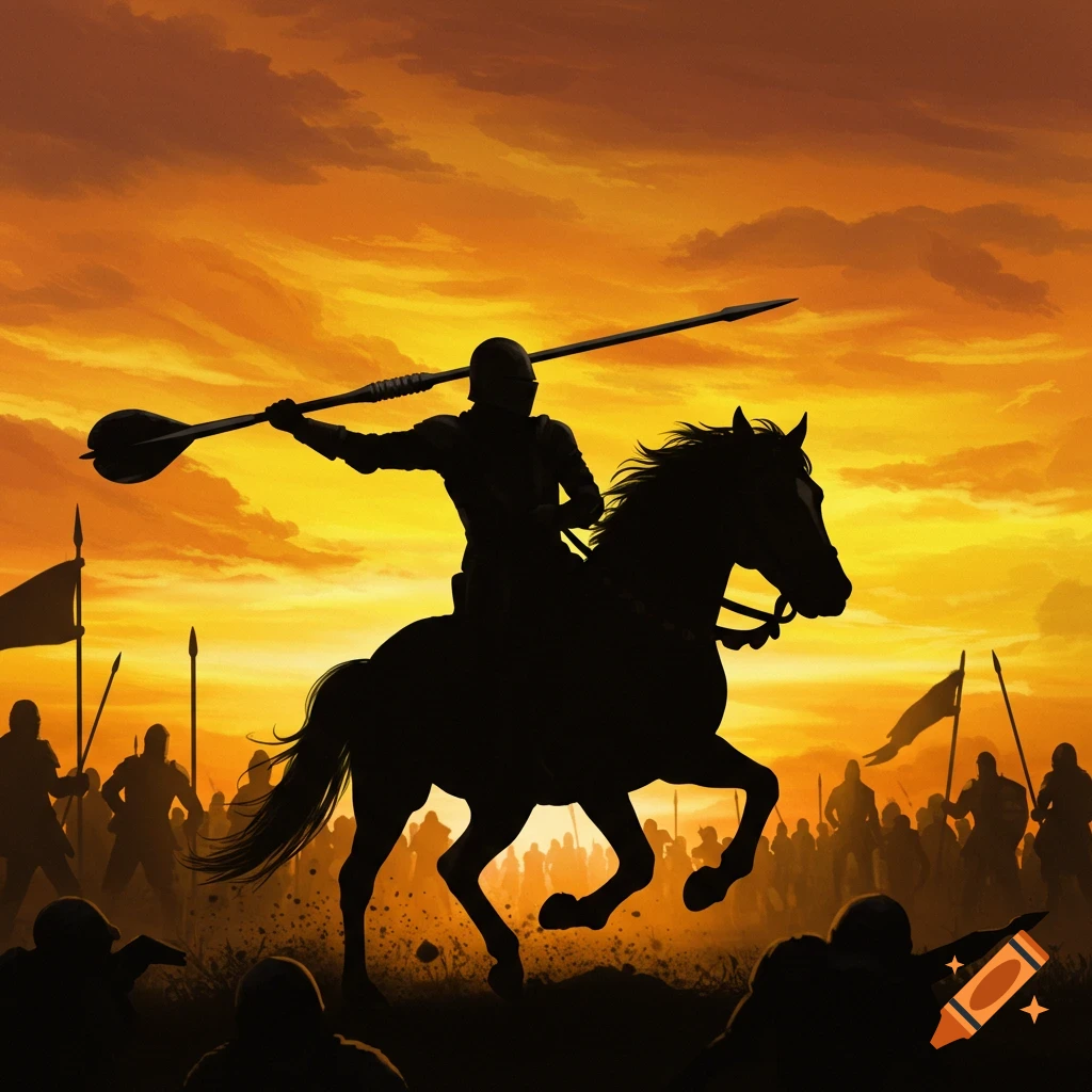 Silhouette of a knight on a horse holding a dart during a battle at sunset