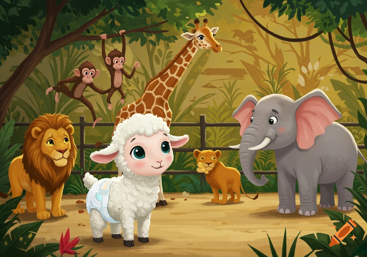 A cute baby sheep in a diaper stands among cartoon zoo animals including a lion, giraffe, elephant, and monkeys in a jungle setting illustration.