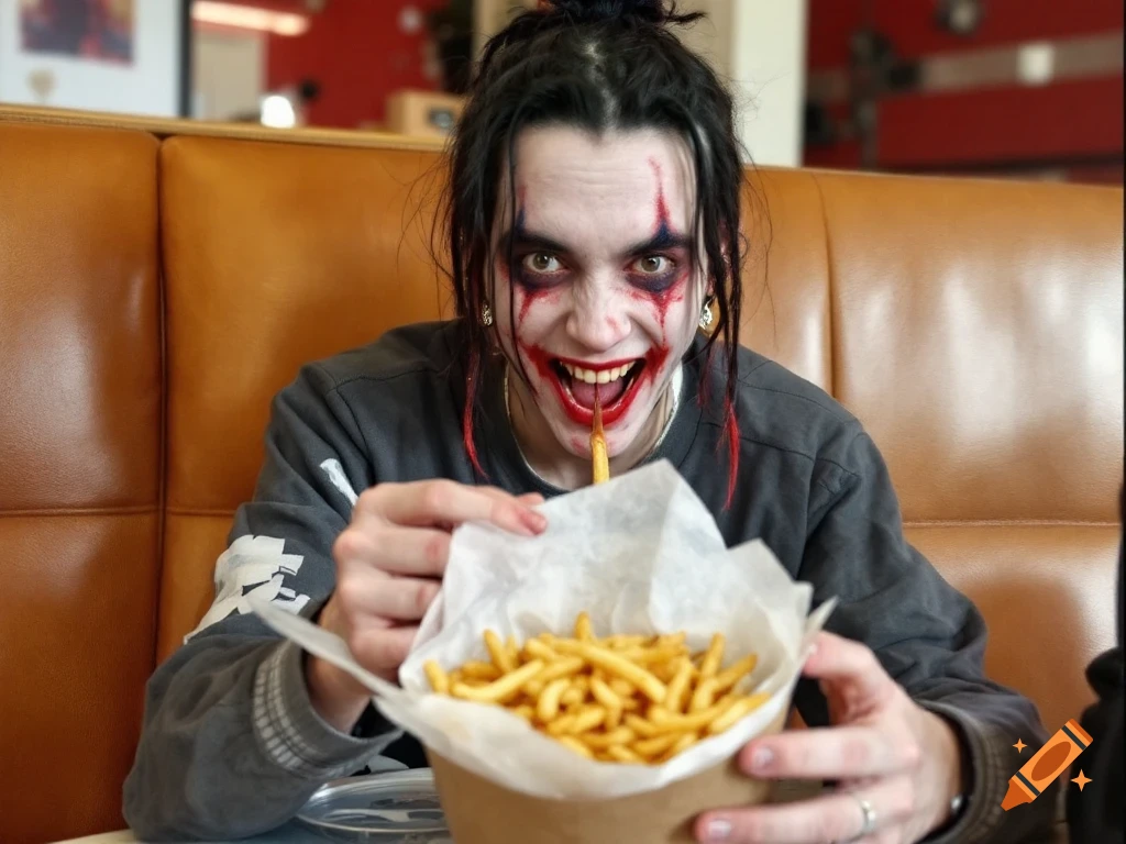 Person with dramatic makeup eating french fries in a restaurant booth.