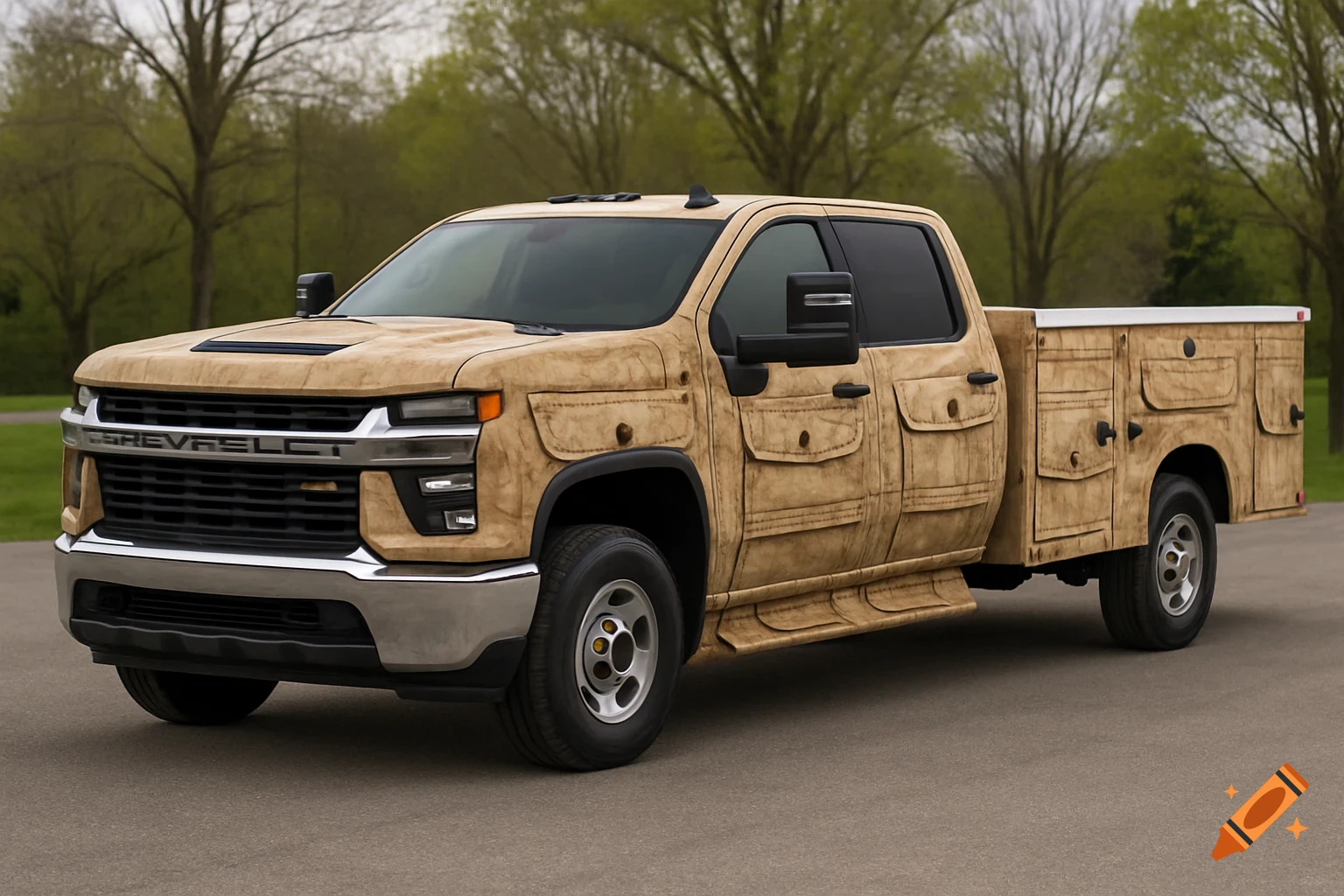 A tan pickup truck wrapped in a textured pattern resembling cargo shorts, parked outdoors.