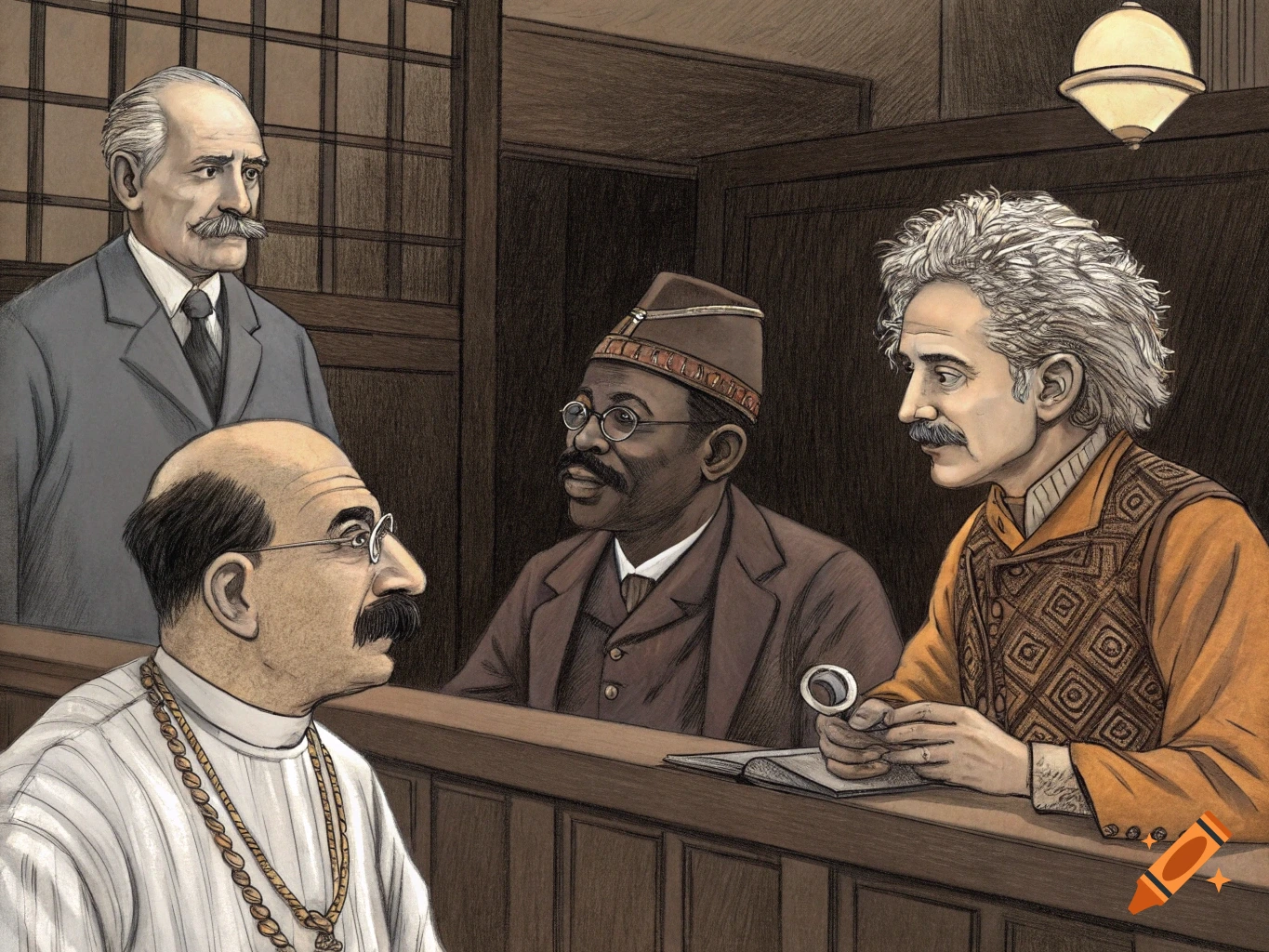 Illustration of Sigmund Freud, Albert Einstein, and three other men in a room.