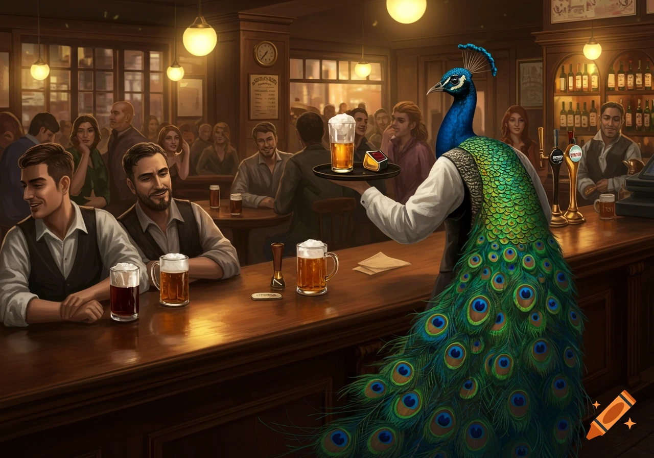 A peacock in a waistcoat serves drinks on a tray in a busy, atmospheric pub scene.