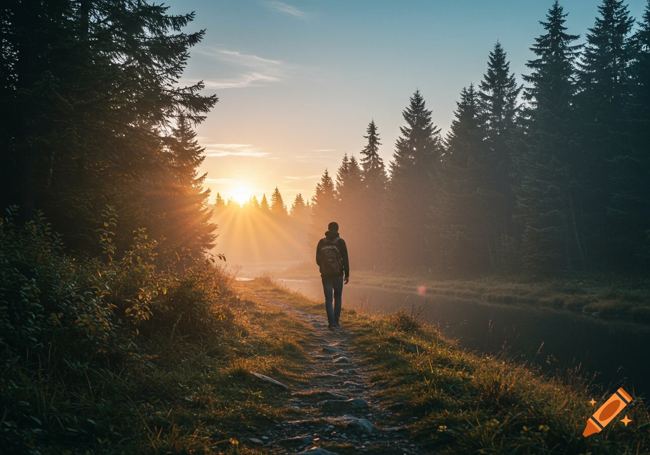 A person walks down a path through a misty forest landscape with the ...