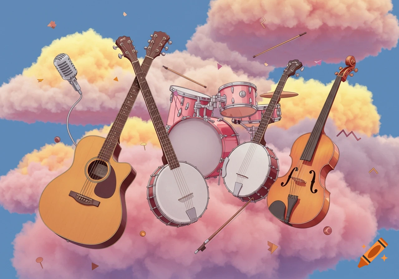 Illustration of musical instruments including guitar, banjo, violin ...