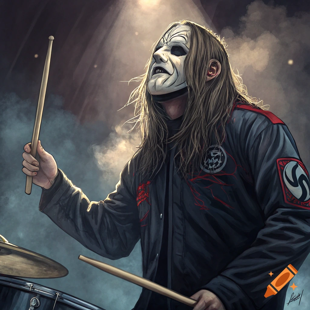 A masked drummer with long hair plays drums on a stage under dramatic lighting.