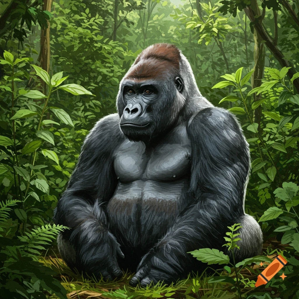 A silverback gorilla sits in a lush green jungle.