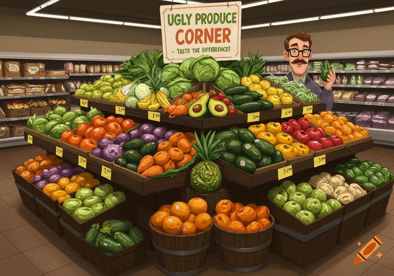 Illustration of a man standing by a display of ugly produce in a supermarket, with a sign that says 'Ugly Produce Corner'.