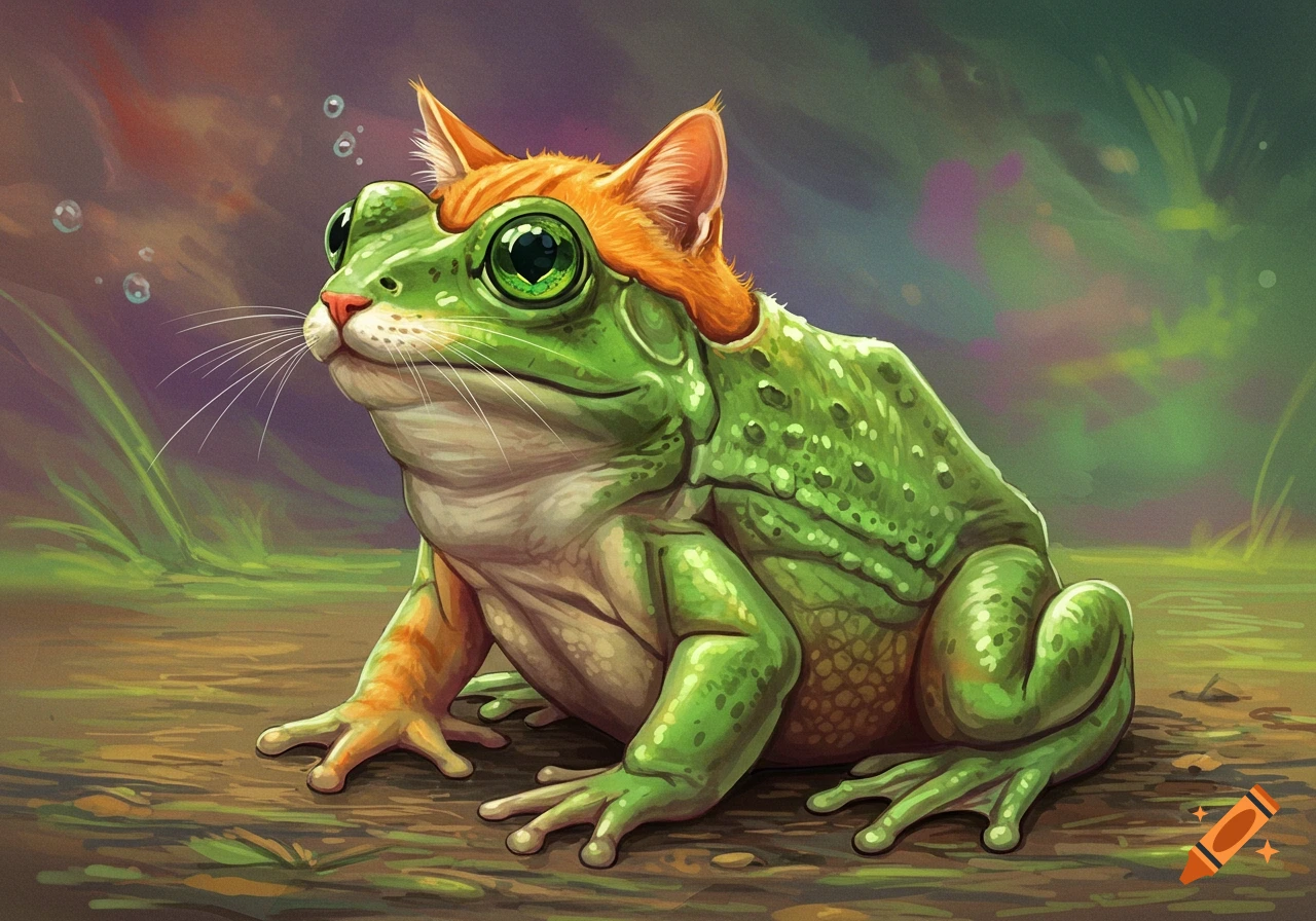 A green frog with orange cat ears, fur patches, and whiskers sits in a forest clearing.