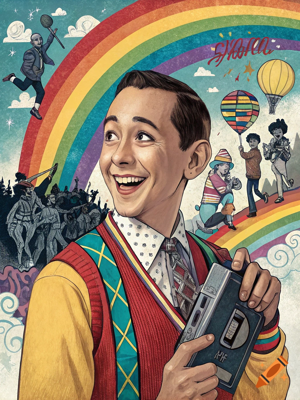 Pop art illustration of a smiling young man holding a tape recorder, with a rainbow and collage elements of circus performers in the background.