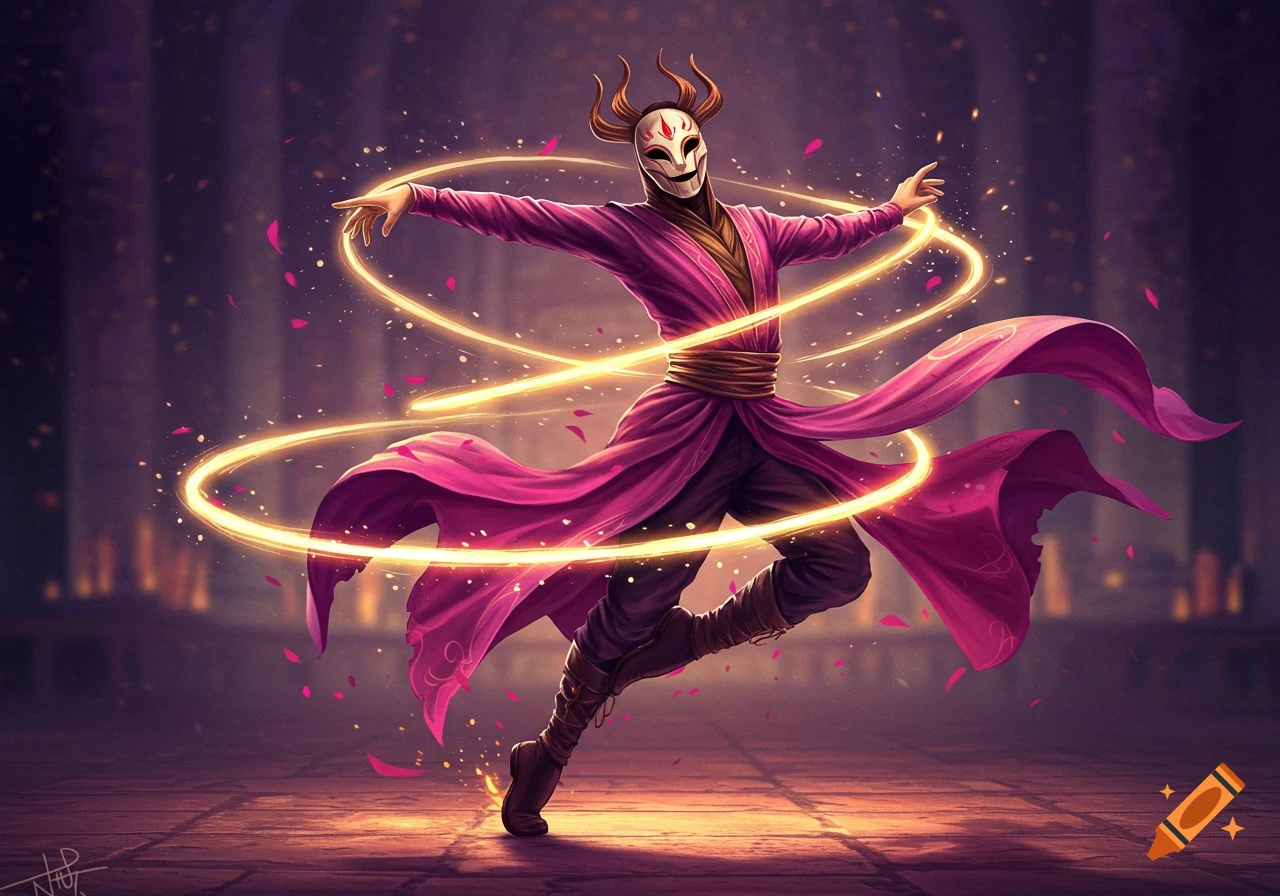 A masked male dancer in a flowing magenta robe is surrounded by swirling golden light and rose petals in a fantasy setting.