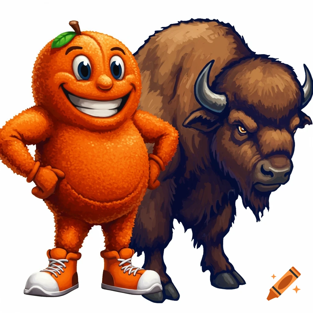 Cartoon orange mascot standing next to a bison.