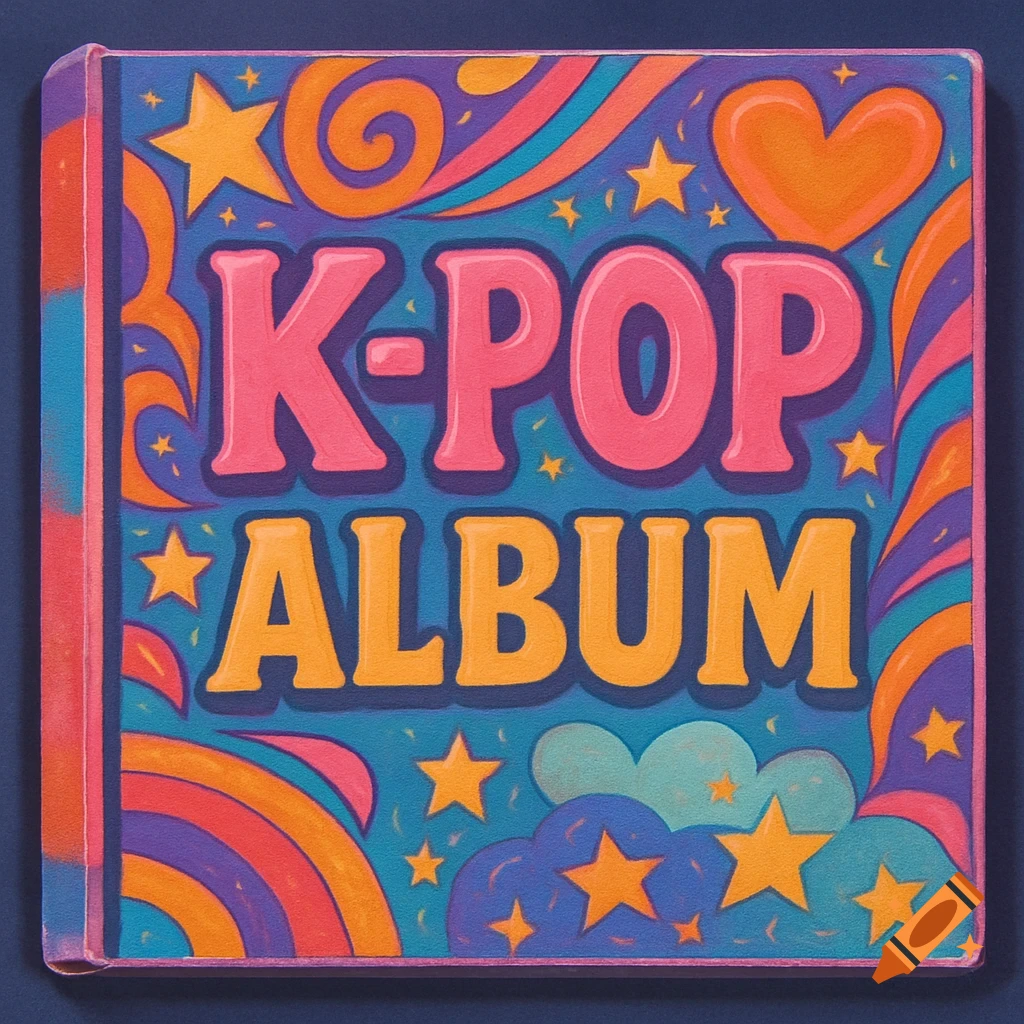 Colorful illustrated K-POP ALBUM cover with stars, swirls, and rainbows