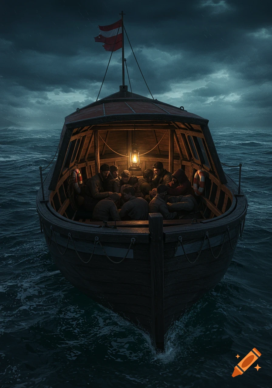 People huddled in a lifeboat on stormy seas under a dark sky, lit by a lantern.