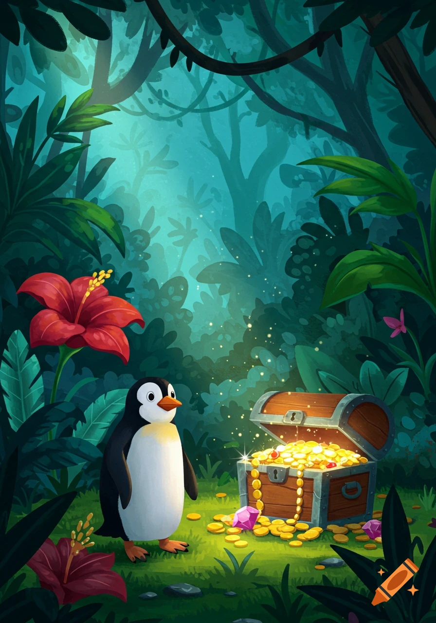 Cartoon penguin finds a treasure chest filled with gold in a lush jungle clearing.