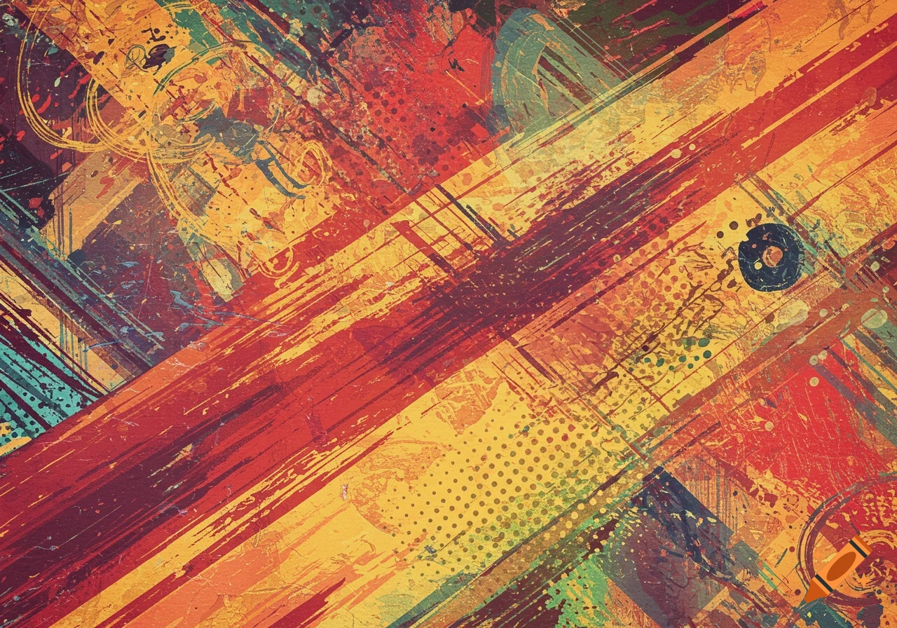 Abstract background with diagonal stripes and splatters in red, yellow, orange, and teal.