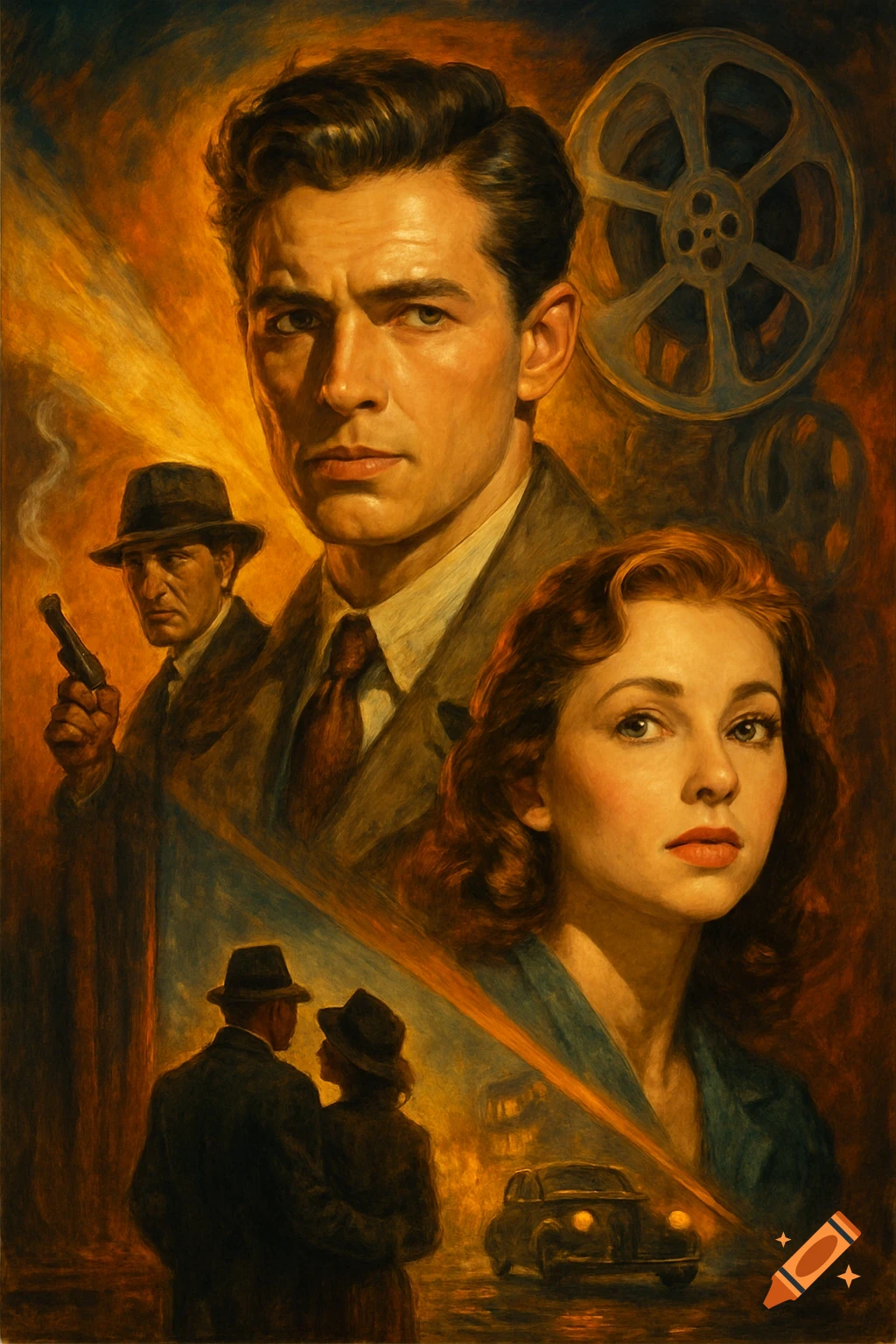 Vintage movie poster collage with man, woman, gunman, film reel, and couple in street.