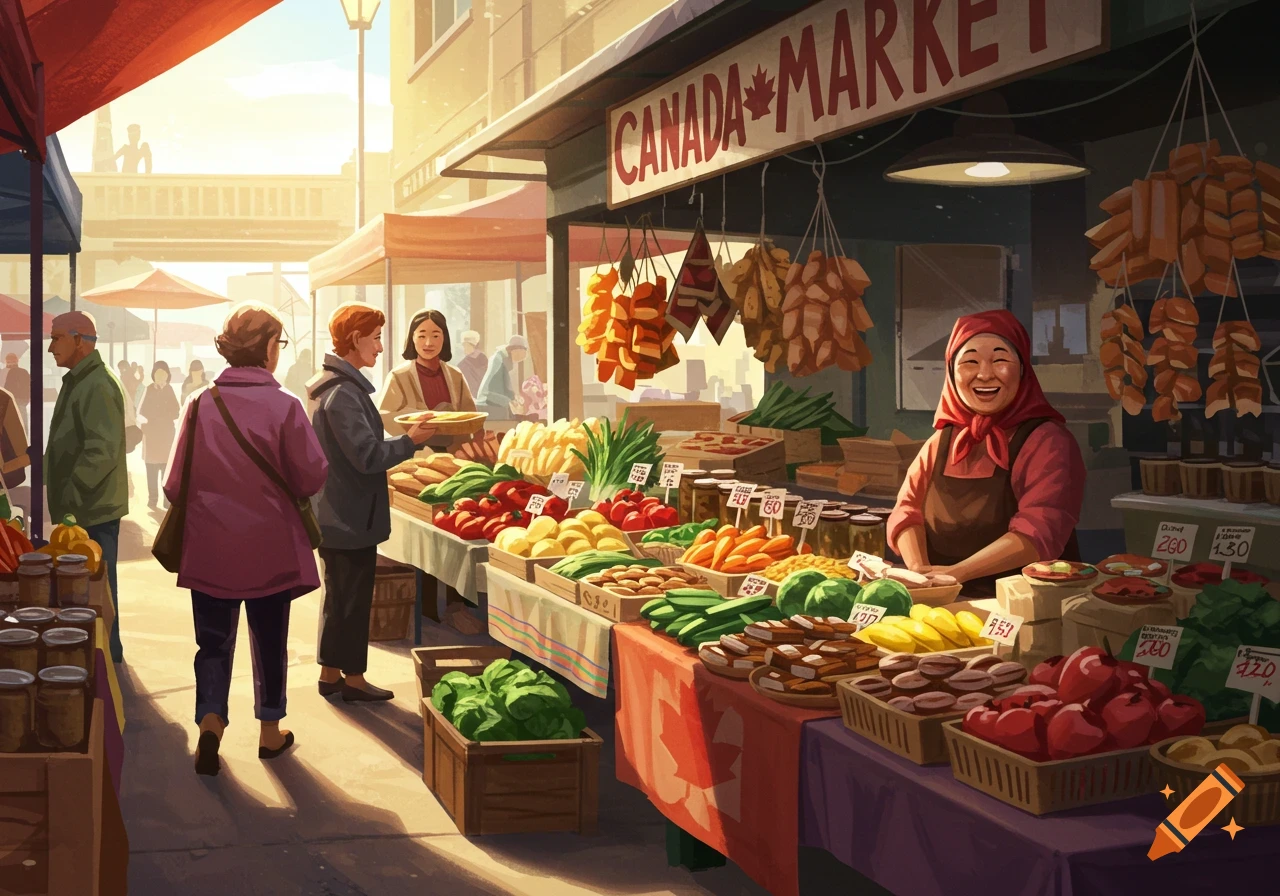 Painted illustration of a bustling Canada market stall with people buying produce.